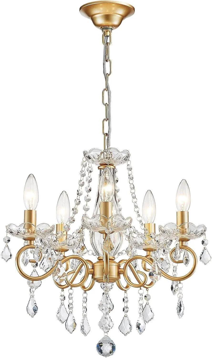 Luxury Gold Mini Crystal Chandelier With Five Bulbs Living Room Smooth