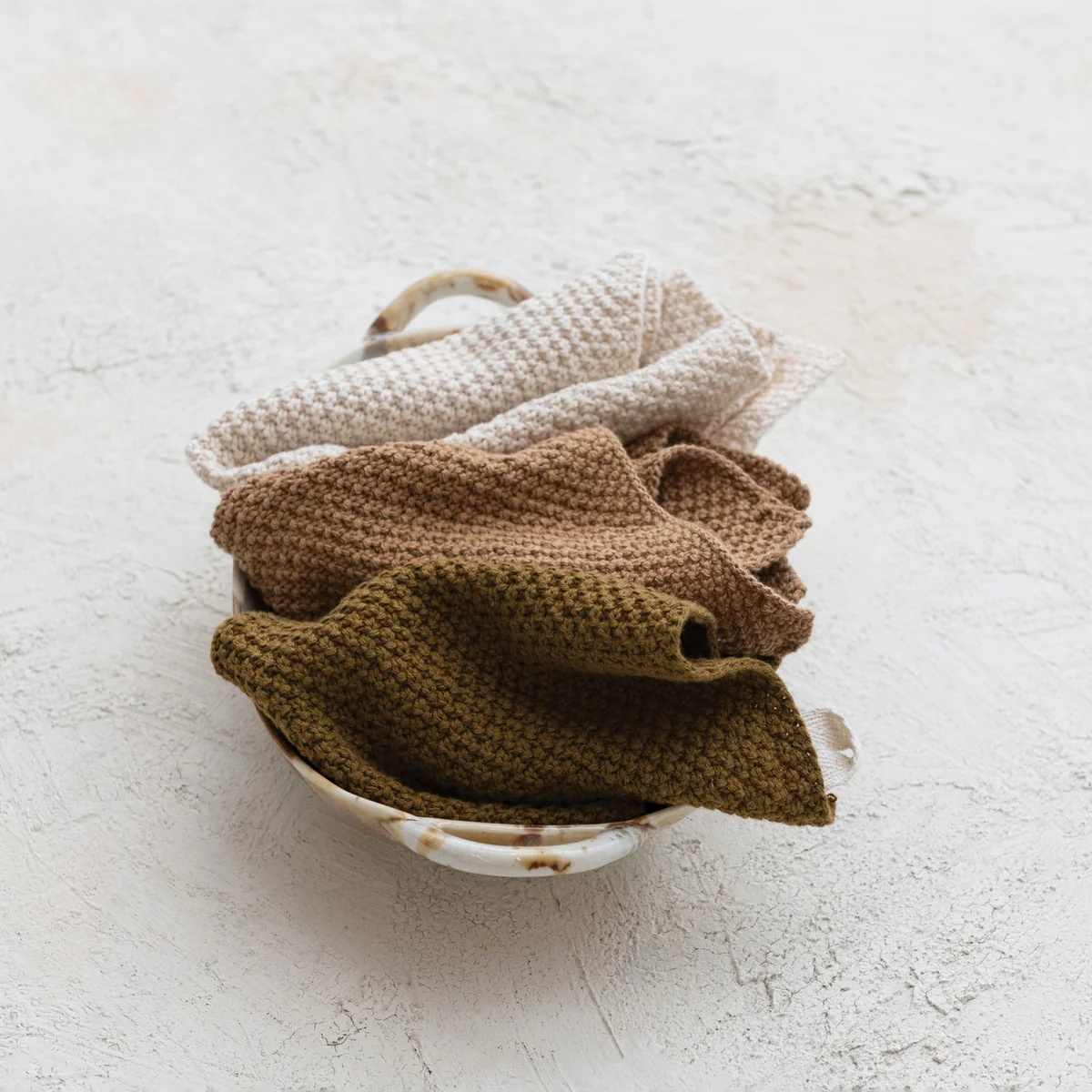 Specialty Cotton Knit Dish Cloths Set of 3 Tied w Cotton Tape Luxury