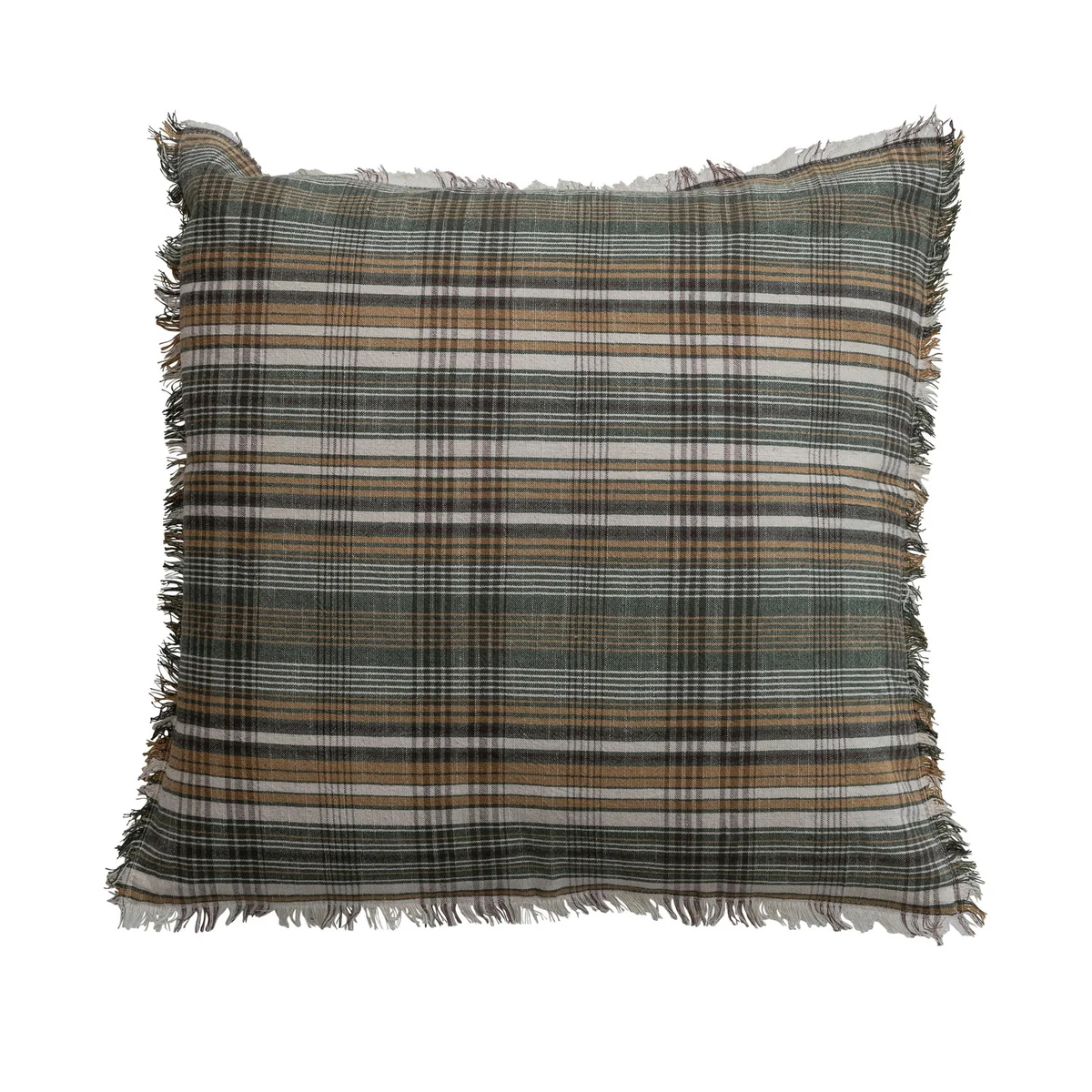High-Quality Square Woven Linen Cotton 20-inch Pillow with Plaid Pattern Eyelash Fringe Fine