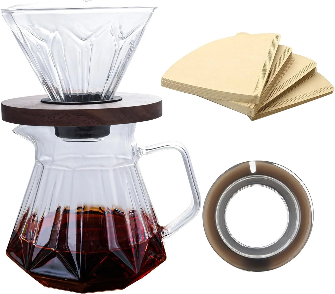 Elite Pour Over Coffee Maker Set 21 oz 620ml Glass Pour Over Coffee Dripper Filter Coffee Maker Kit Manual Grinder with Walnut Handle for Home Office Cafe Minimalist