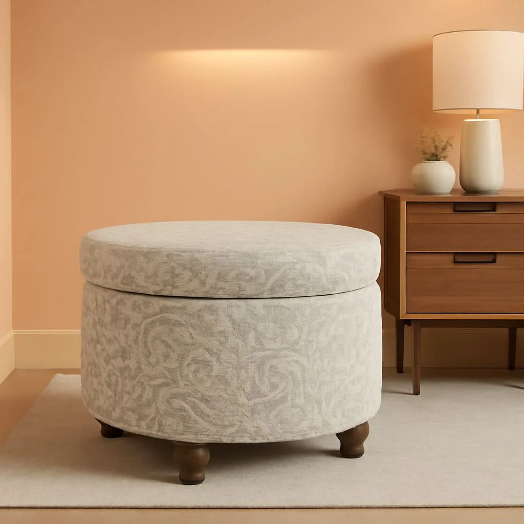 Original Design Gray Floral Storage Ottoman Large Round For Living Room World-Class