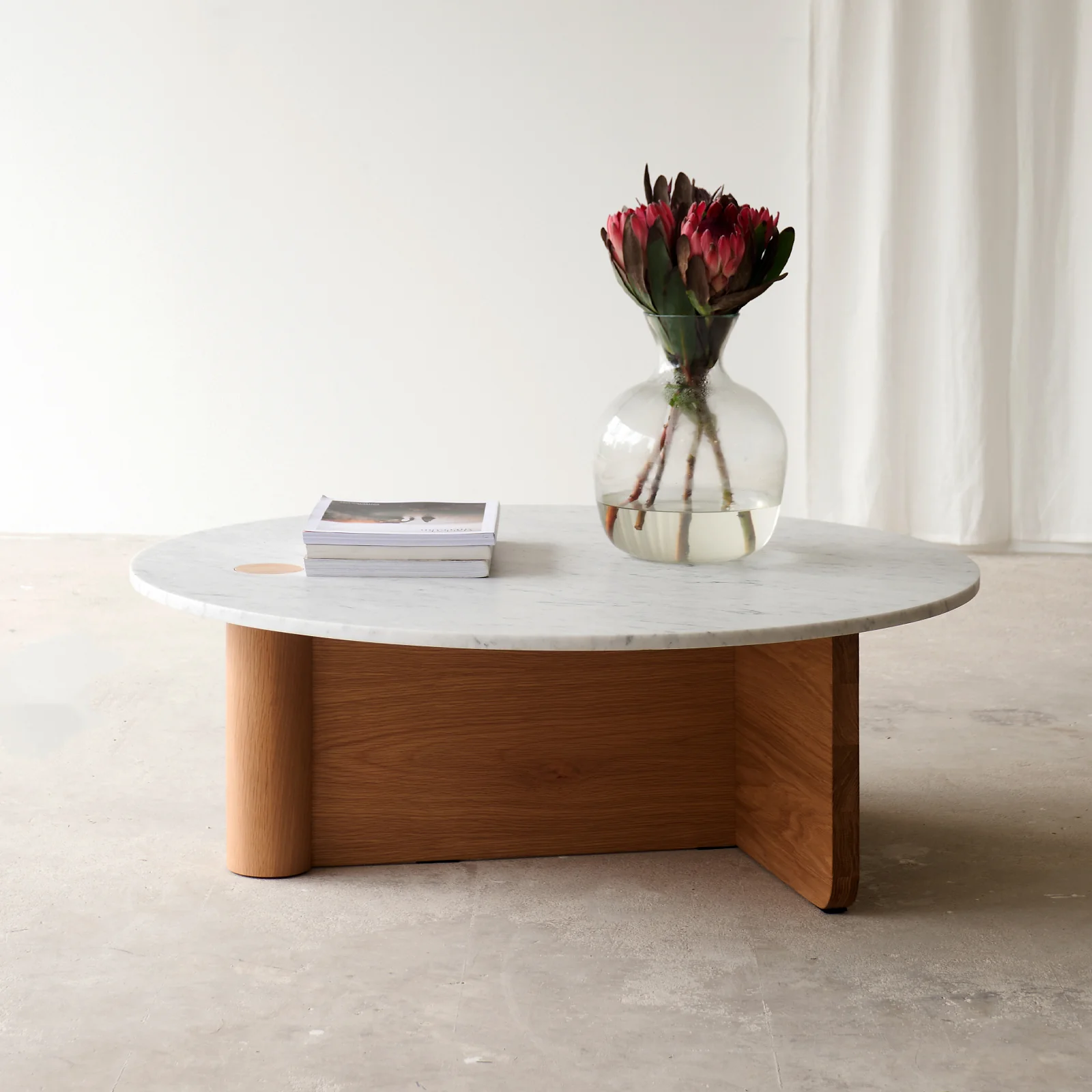 Natural Pivot Coffee Table Marble Top with Oak Base Relaxed
