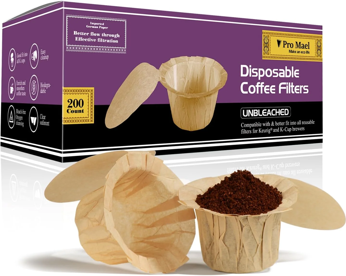 Consistent Pro Mael Disposable Coffee Filters Paper with Lid for Keurig Brewers Single Serve 1.0 and 2.0 Reusable K Cup Pods Natural 200 Count Expertly Made
