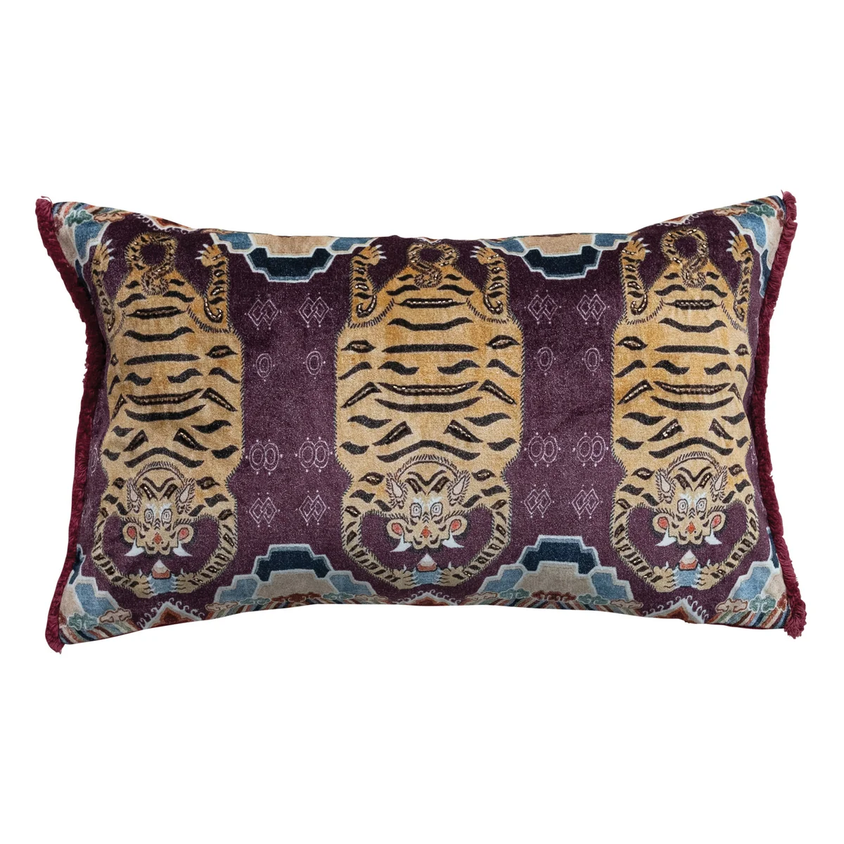 Dependable Cotton Velvet Printed Lumbar Pillow w Tibetan Tigers Pattern Beads Eyelash Fringe High-Grade