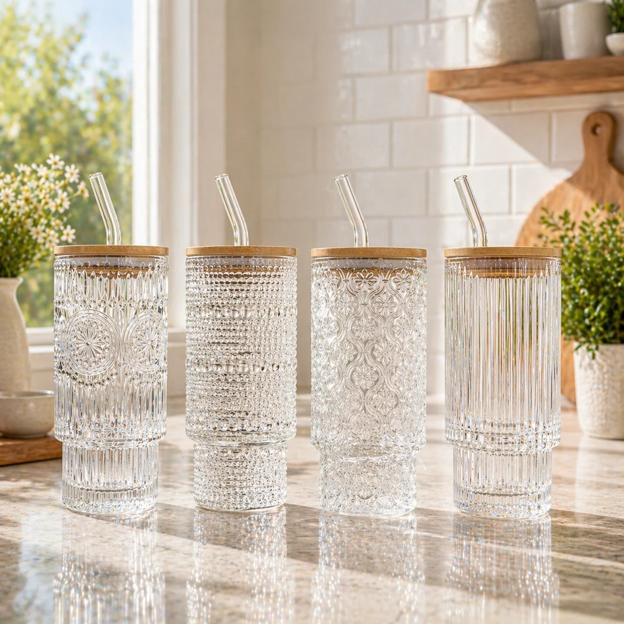 Detailed 16oz Embossed Glass Tumbler with Bamboo Lid Glass Straw Sustainable