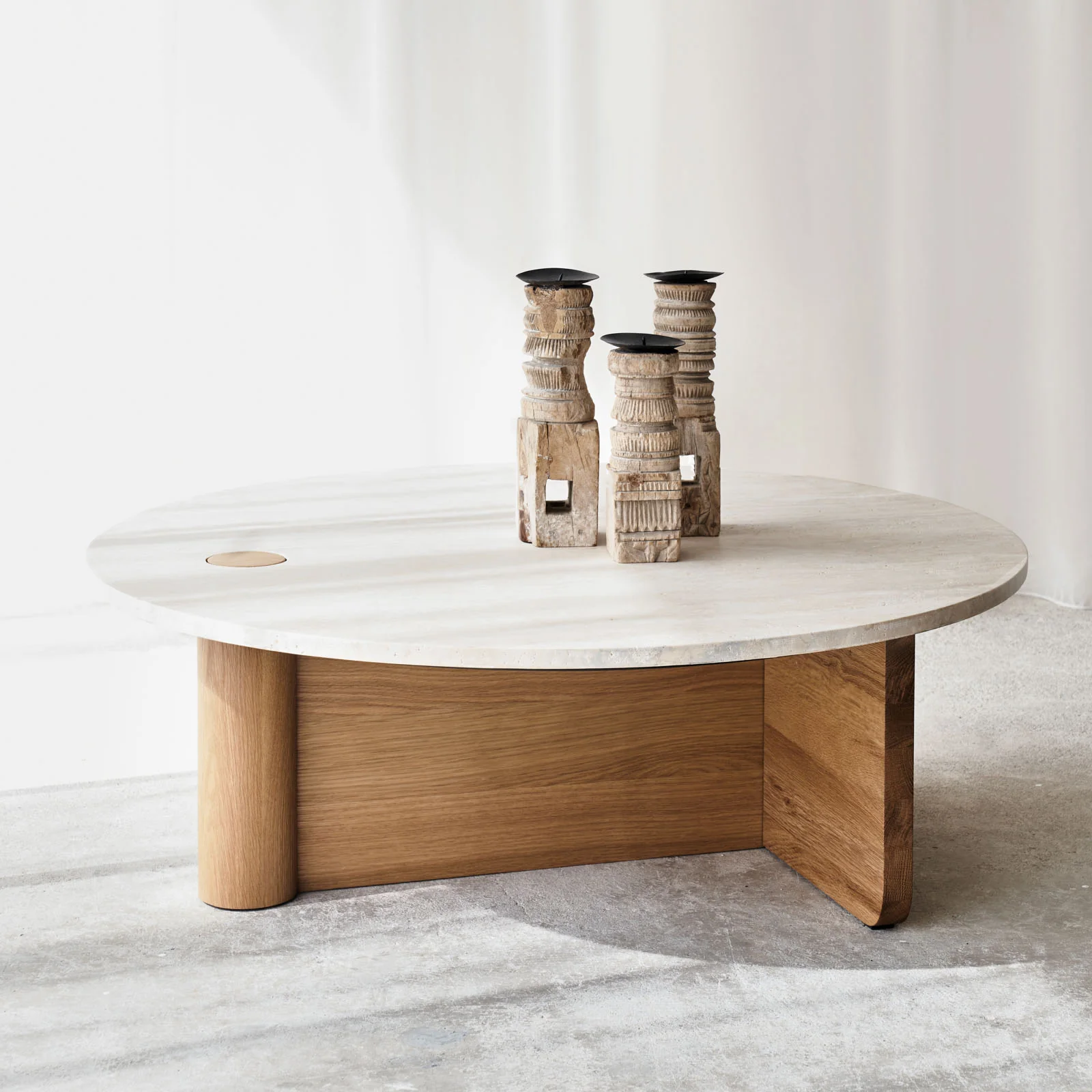 Sophisticated Pivot Coffee Table Travertine Top with Oak Base World-Class
