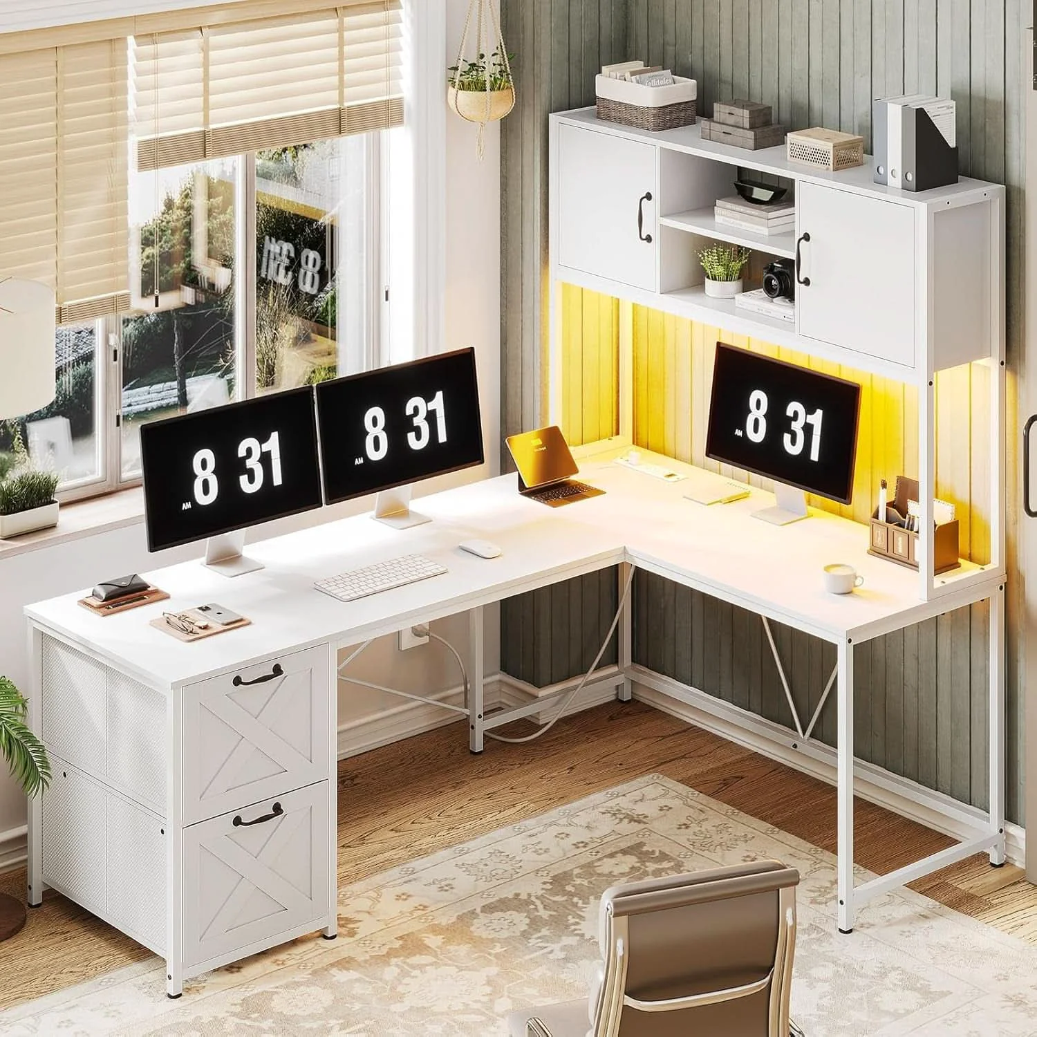 Top-Quality White L Shaped Desk With Fabric File Drawers And Storage Smooth
