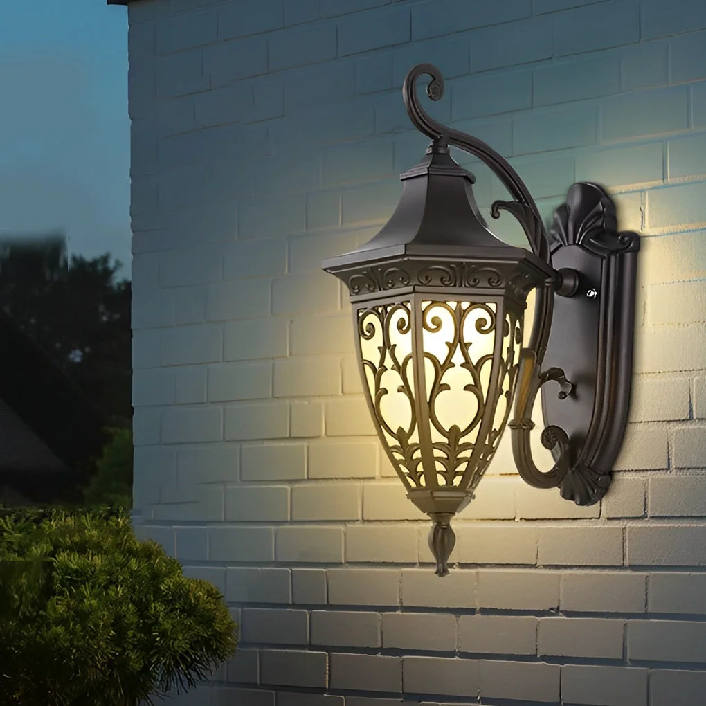 Durable Vintage Flower Pattern Waterproof Black American Style Solar Wall Lamp Contemporary