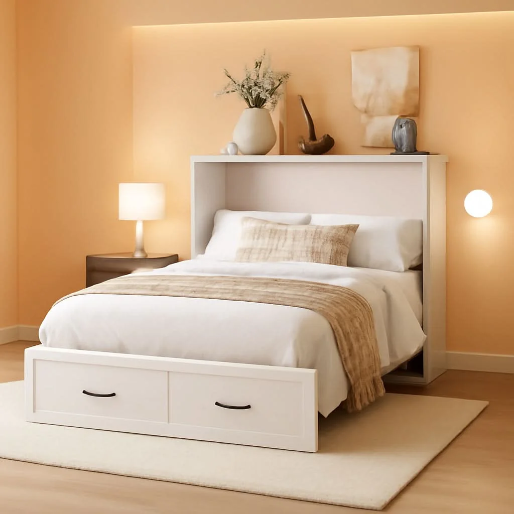 Contemporary White Queen Murphy Bed Incorporating Charging Station High-Quality