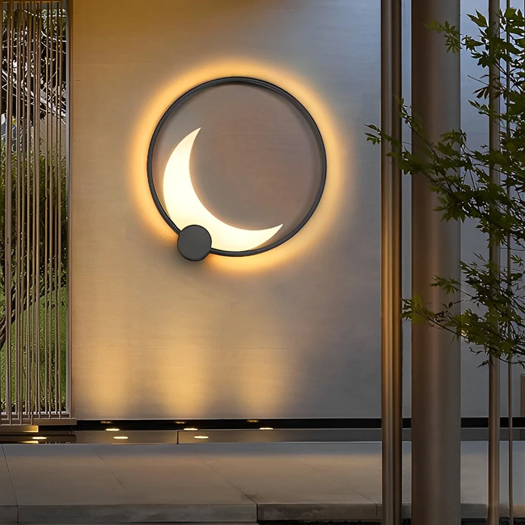 Clean Round Moon Waterproof Black LED Wall Sconce Lighting Outdoor Wall Lamp Flexible