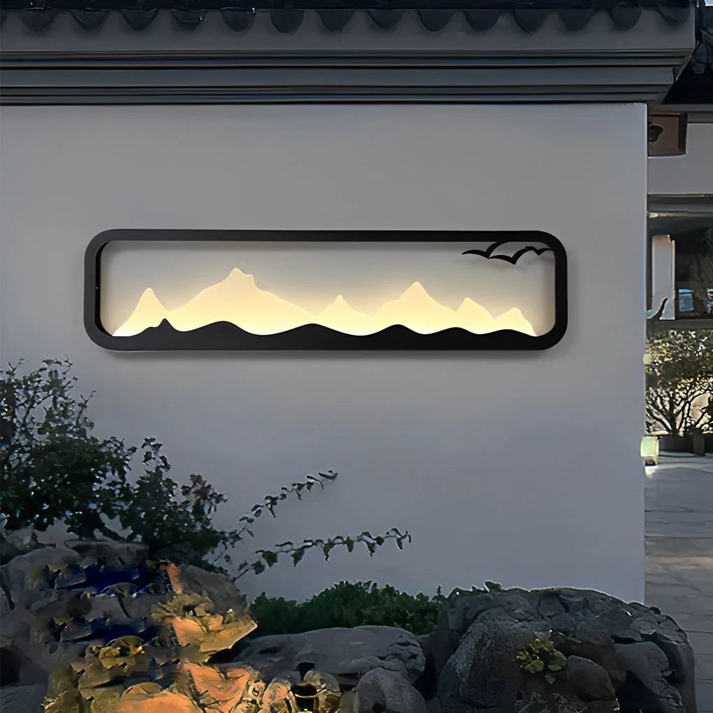 Clean Rectangular Mountain Scenery LED Waterproof Black Outdoor Wall Lamp Superior