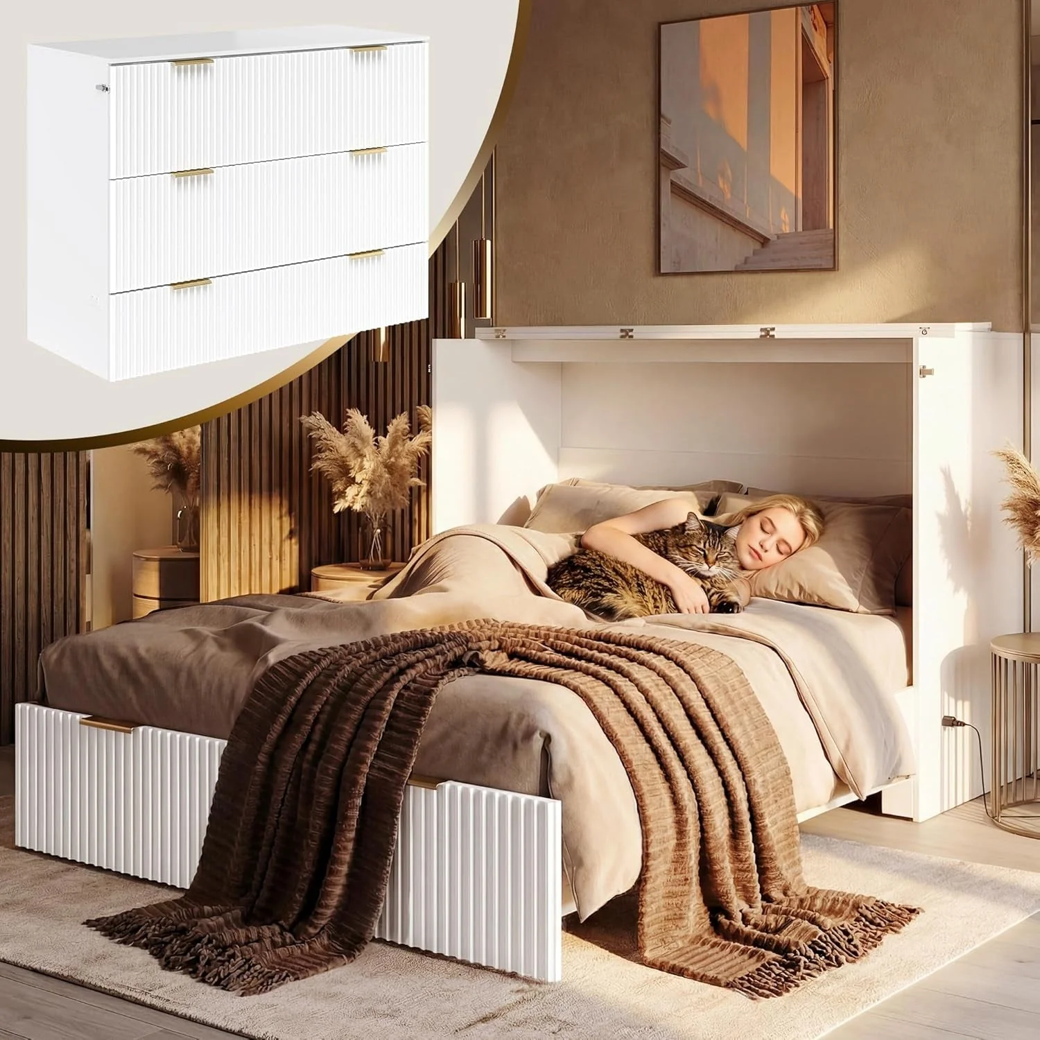Safe White Queen Murphy Bed Featuring Integrated Charging Contemporary