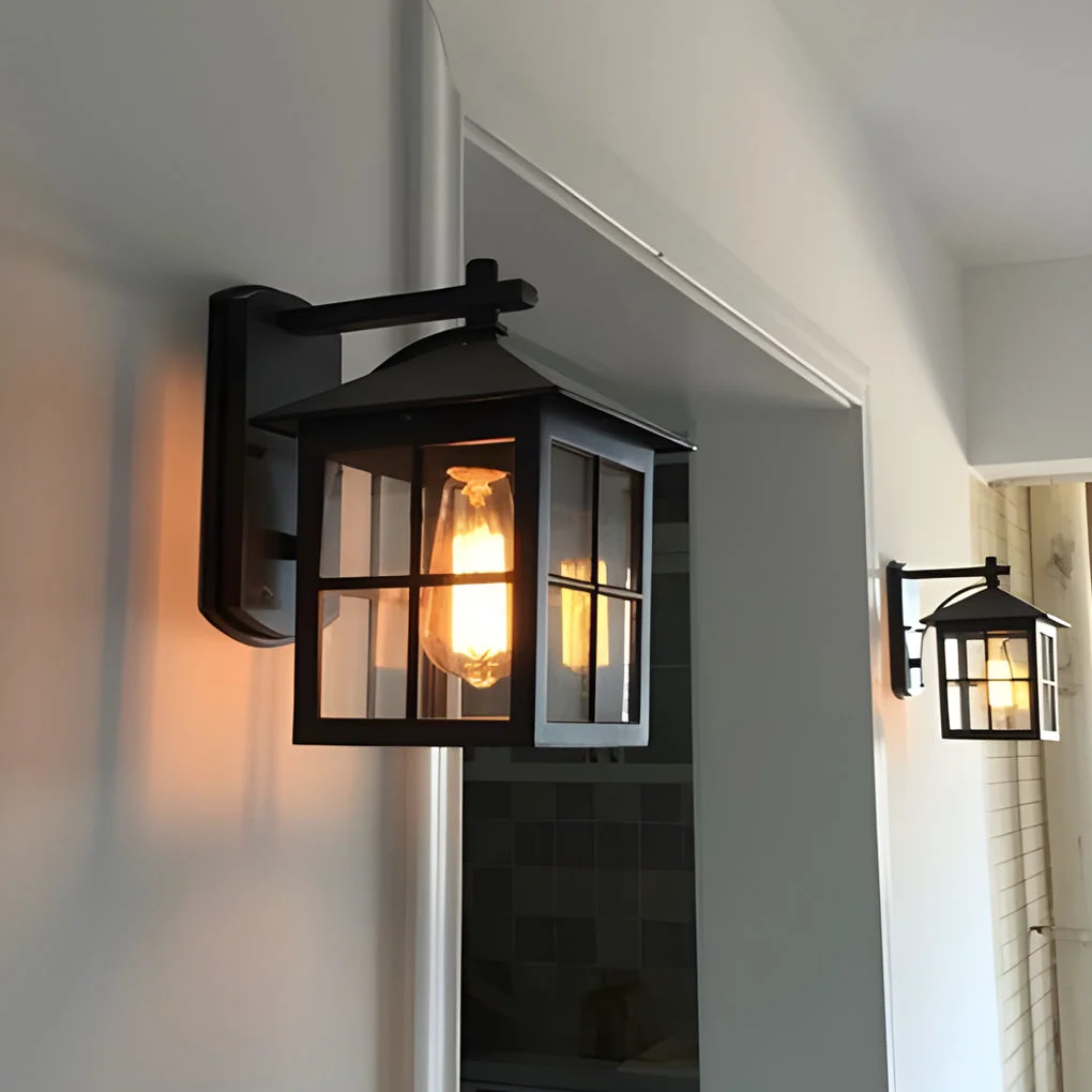 Antique Lantern Shaped Glass Waterproof Black Modern Wall Sconce Lighting Traditional