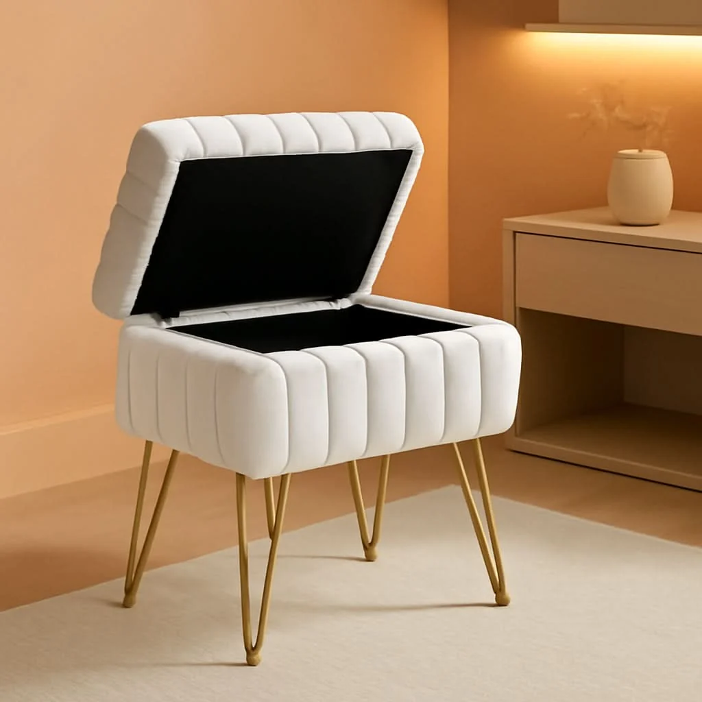 Crafted White Faux-Fur Vanity Stool With Premium-Grade Stowable-Storage Expertly Made