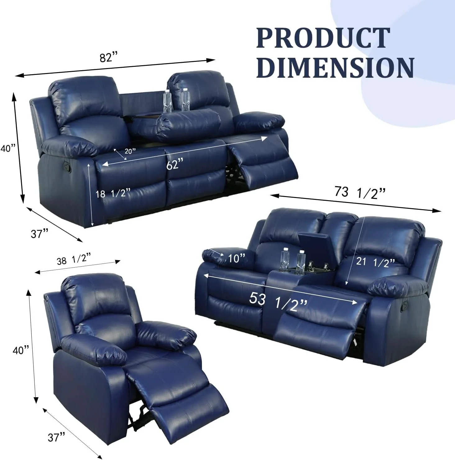 Secure Manual Leather Recliner Sofa Set Blue Living Room Furniture Solid