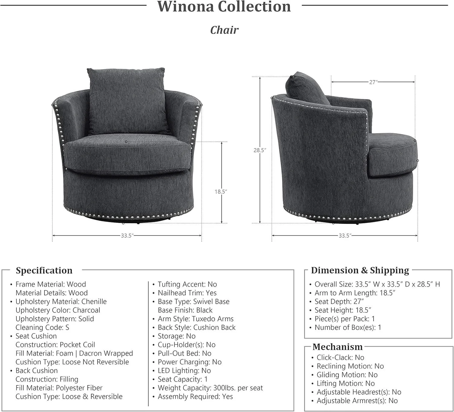 Efficient Charcoal 3 Piece Living Room Set With Chenille Upholstery Premium