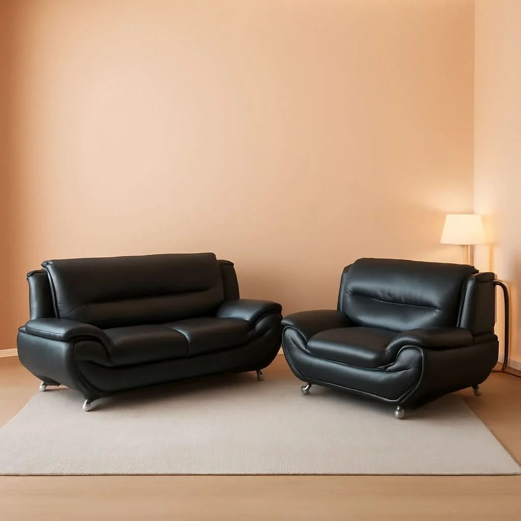 Exclusive Black Faux Leather Sofa Loveseat 2 Piece Living Room Set Genuine