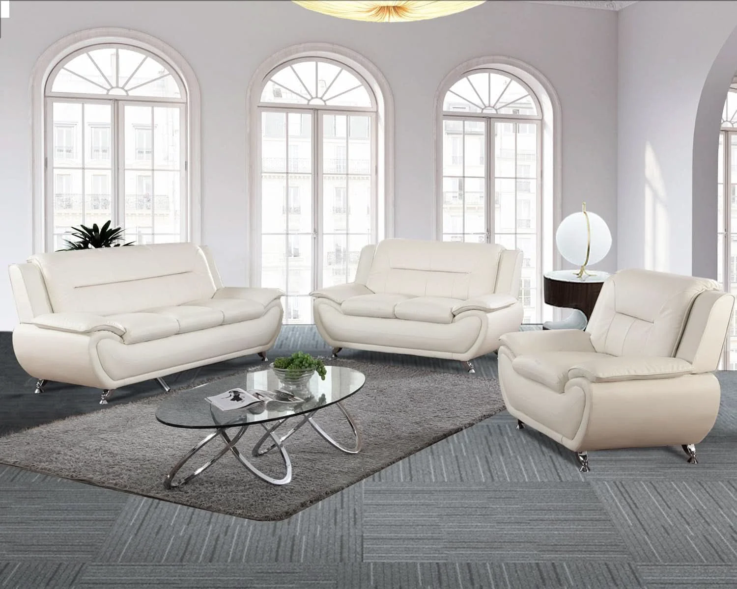 Advanced Faux Leather 3 Piece Modern Living Room Sofa Set White User-Friendly