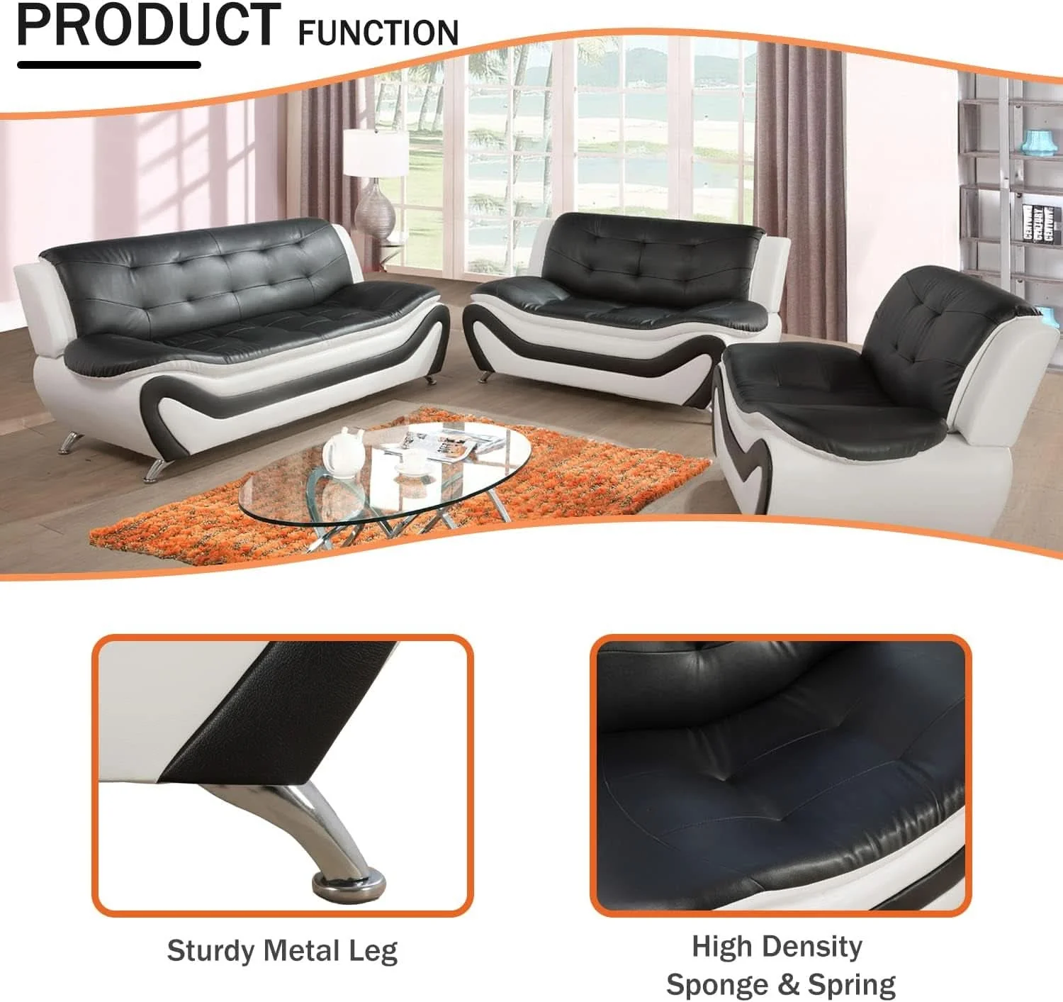 First-Class Living Room Faux Leather Sofa Set 3 Piece Black White Outstanding
