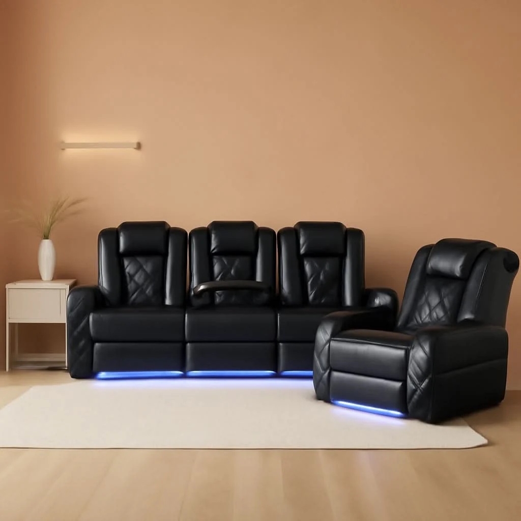 Solid Black Leather Reclining Sofa Set With LED Light Living Room Organic