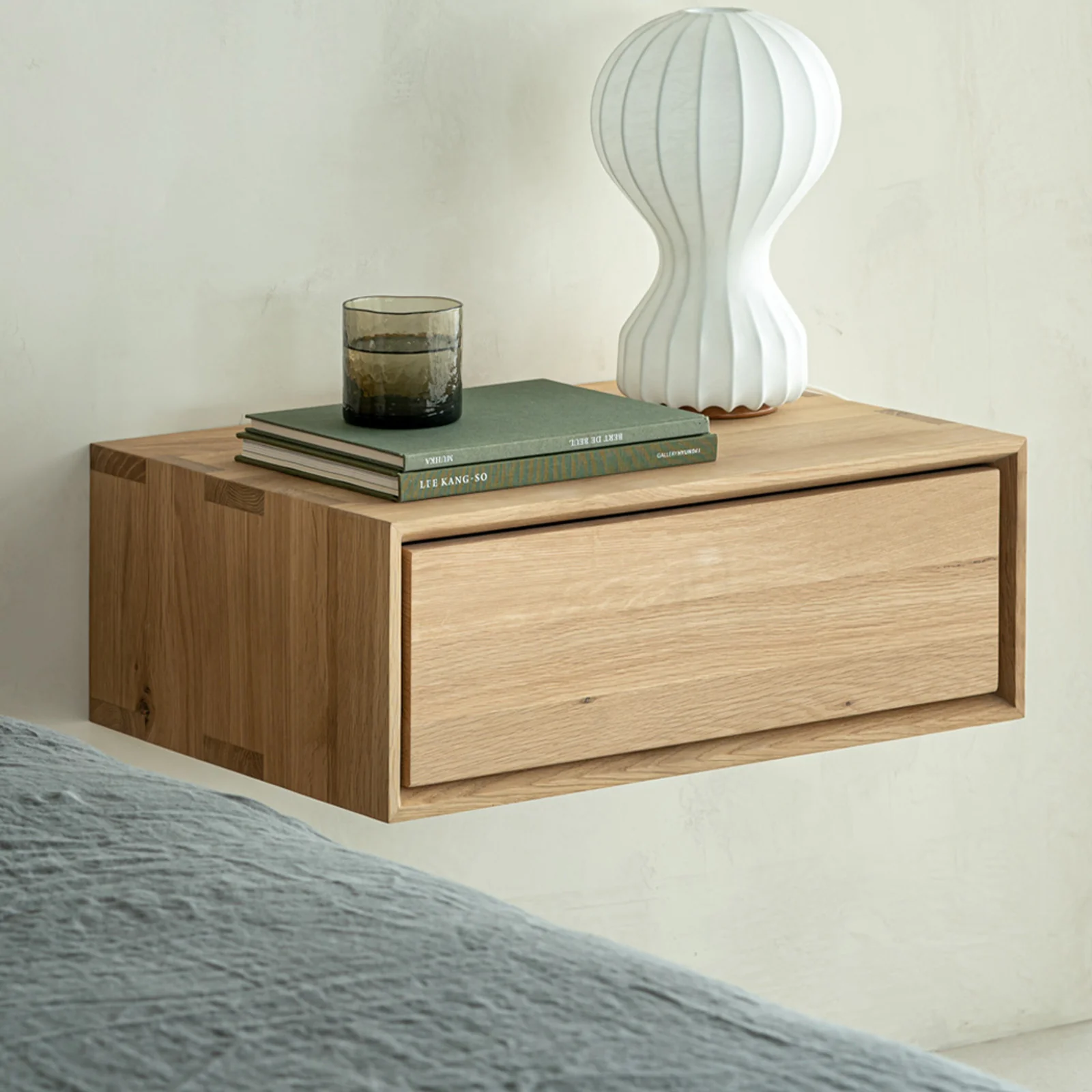 Detailed Nordic Hanging Bedside Table Oak Top-Quality