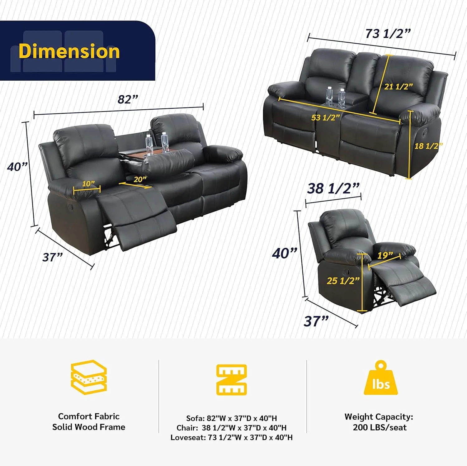 Safe Beverly Fine 3 Piece Recliner Living Room Set Faux Leather Advanced