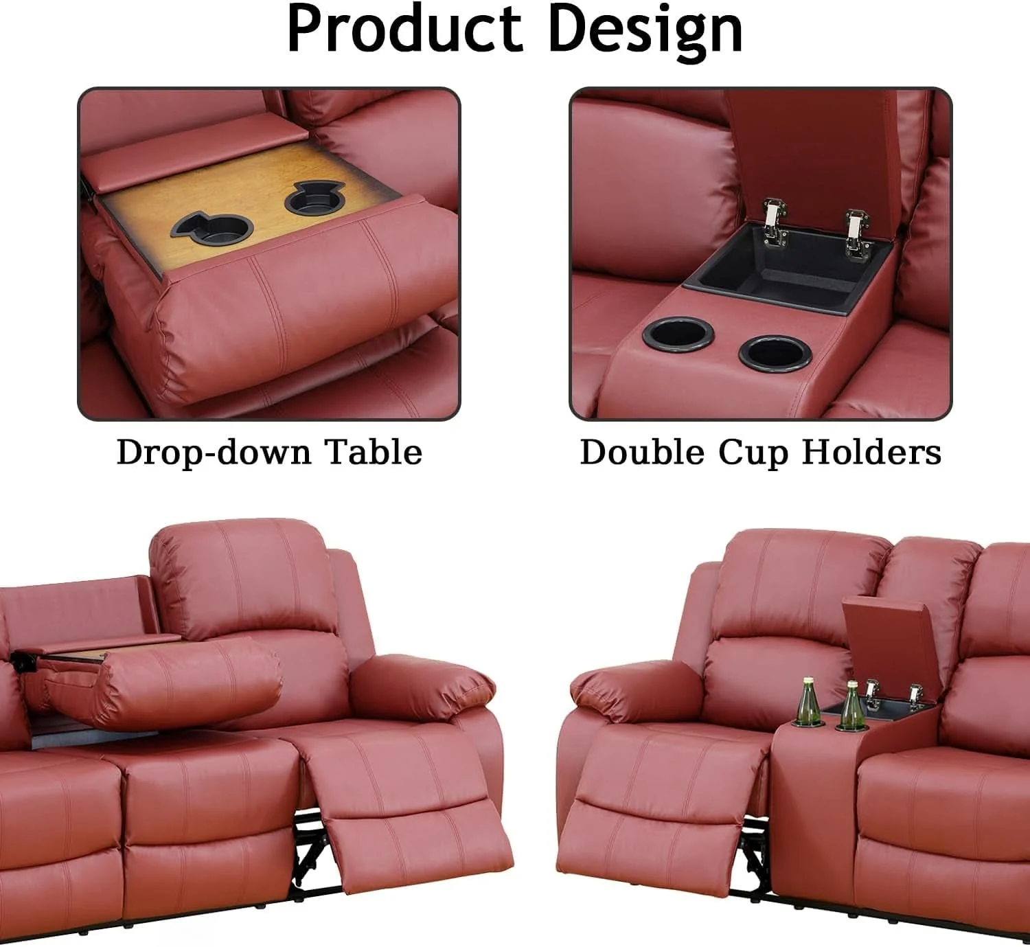 Excellent Leather Recliner Sofa Set Red Three Piece Living Room Furniture Elegant