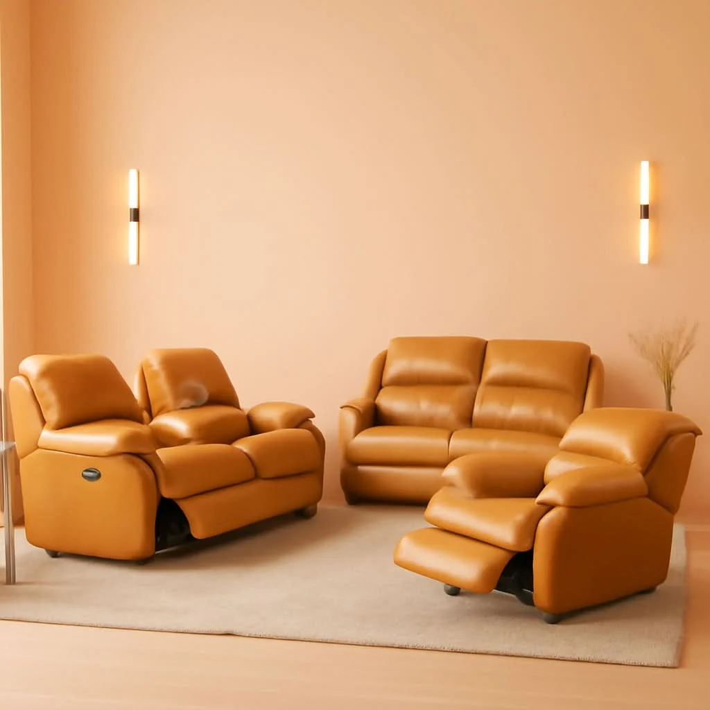Comfortable Leather Manual Recliner Sofa Set Ginger 3Piece Living Room Fine Crafted