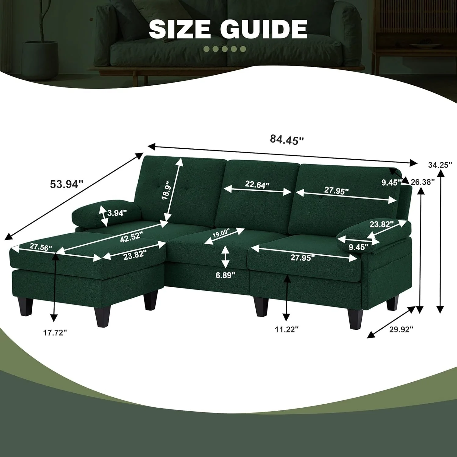 Minimalist Eighty Six Inch Green Sectional Sofa Living Room Set Quality