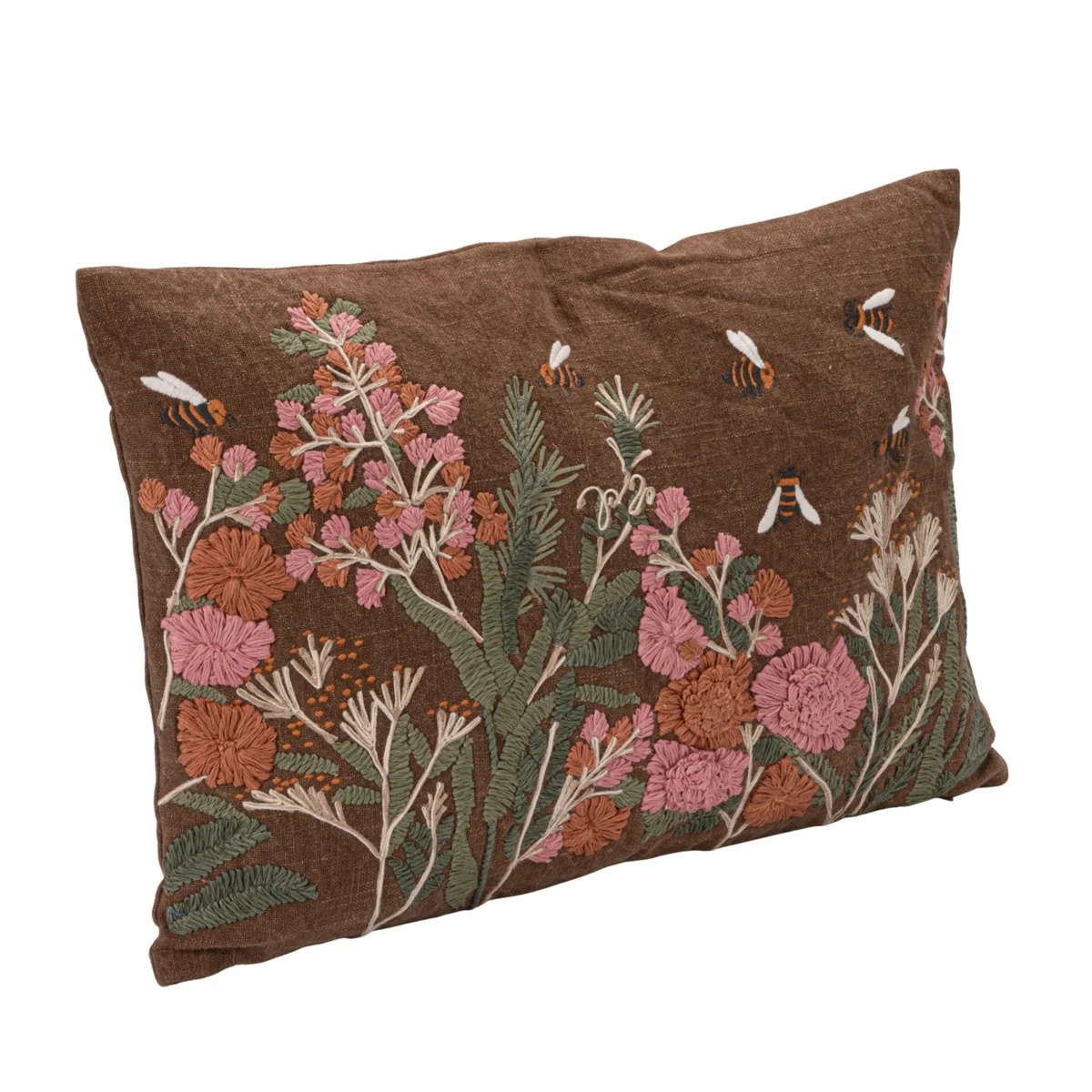 Clean Stonewashed Cotton Slub Lumbar Pillow with Hand-Embroidered Flowers Bees Superior