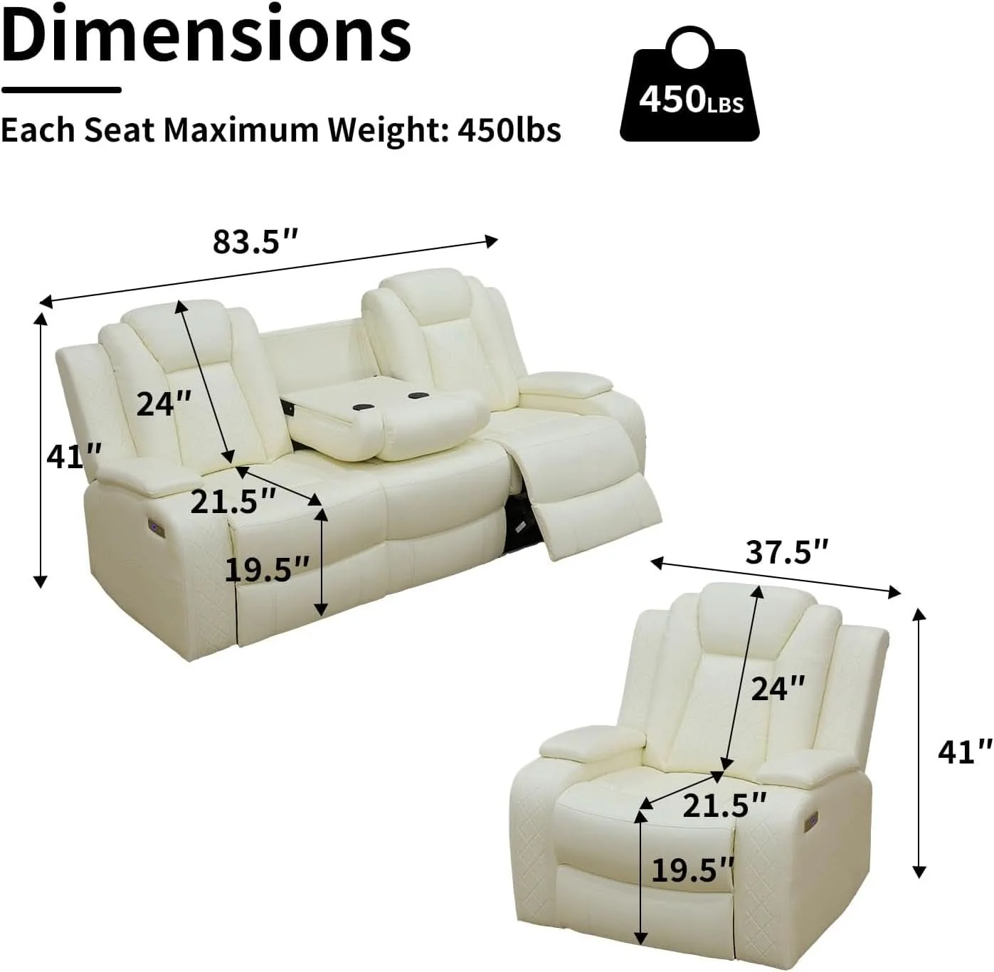 Genuine White Leather Power Reclining Sofa Set for Living Room Solid