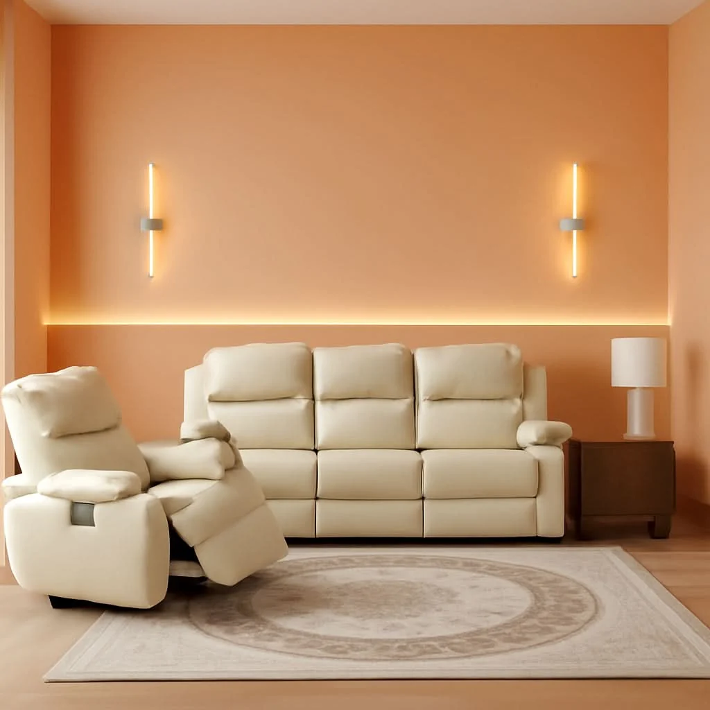 Solid Beige Manual Leather 3 Piece Recliner Sofa Set For Living Room Certified