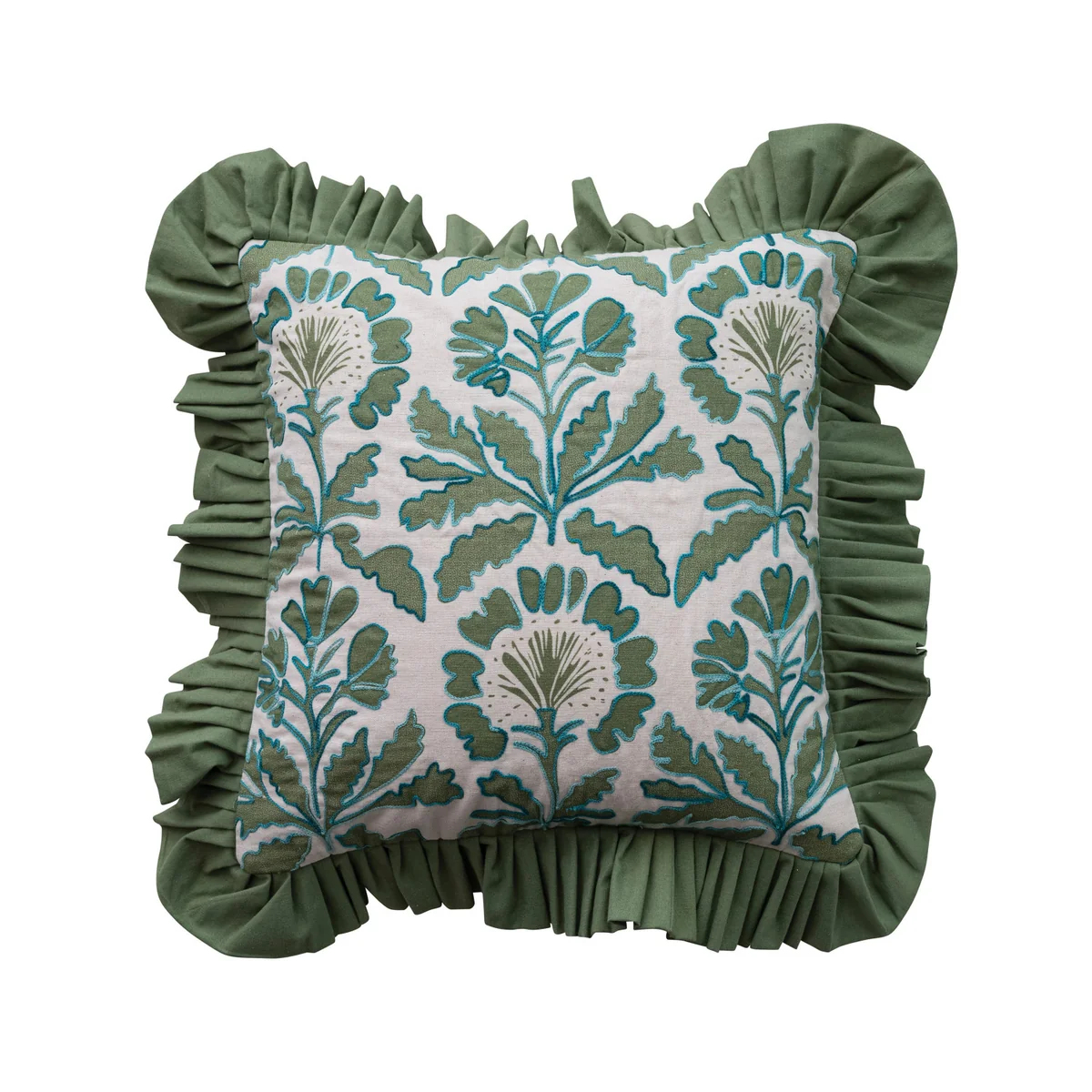 Detailed Embroidery Ruffle Square Cotton 18-inch Pillow with Floral Pattern Innovative