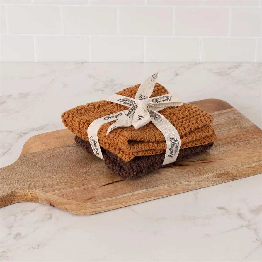 Elegant Knitted Dish Cloth Set Ocher and Brown Outstanding