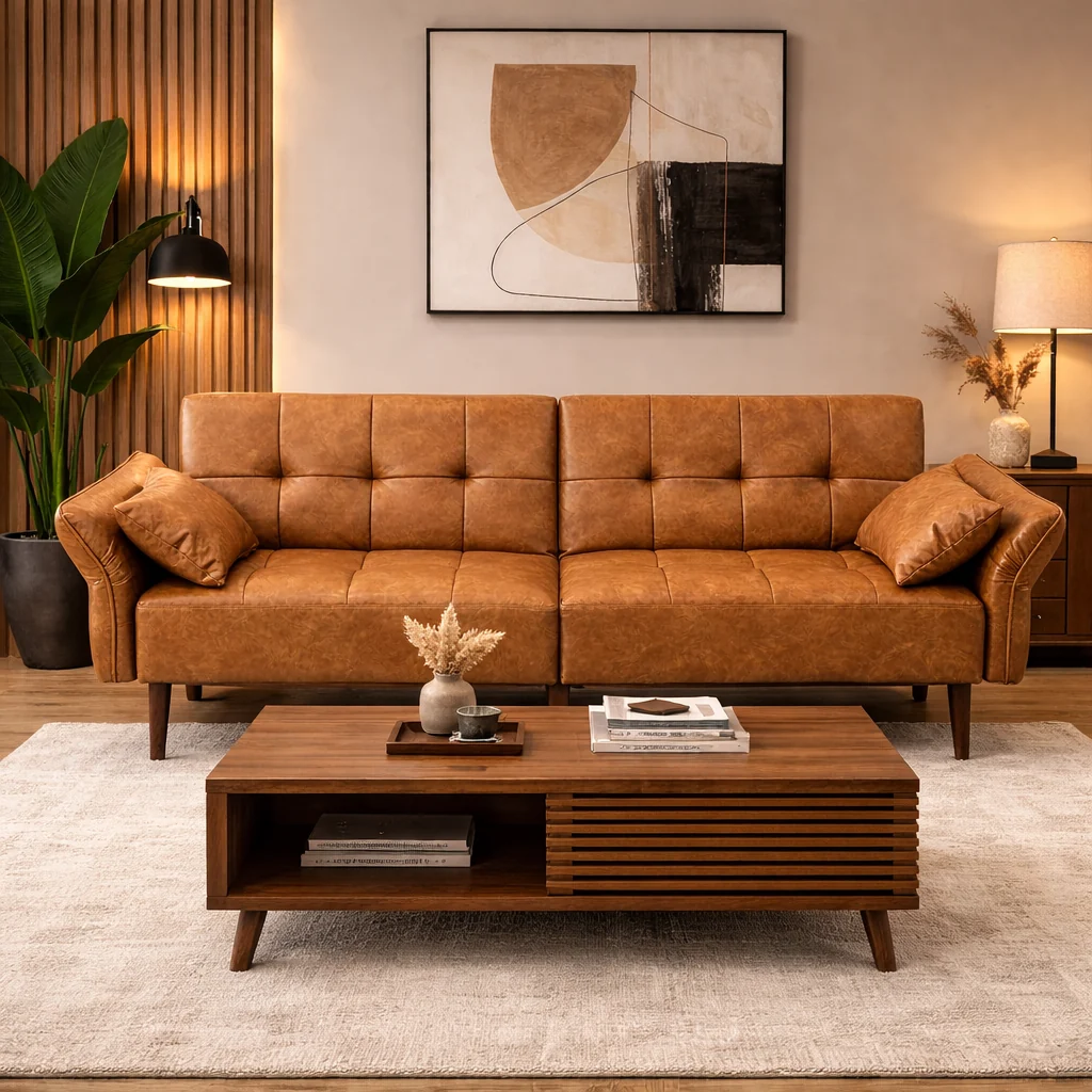 Responsible Mid Century Futon Sofa Bed with Walnut Coffee Table Living Room Set Comfortable