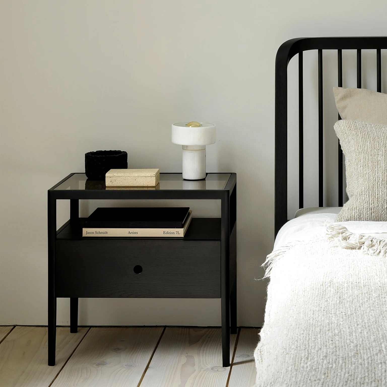 Elegant Spindle Bedside Table Oak Black Modern