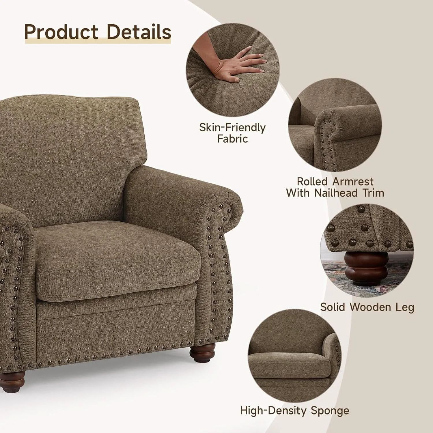 Soft Brown Nailhead Trim Armchair For Living Room Decor Top-Quality