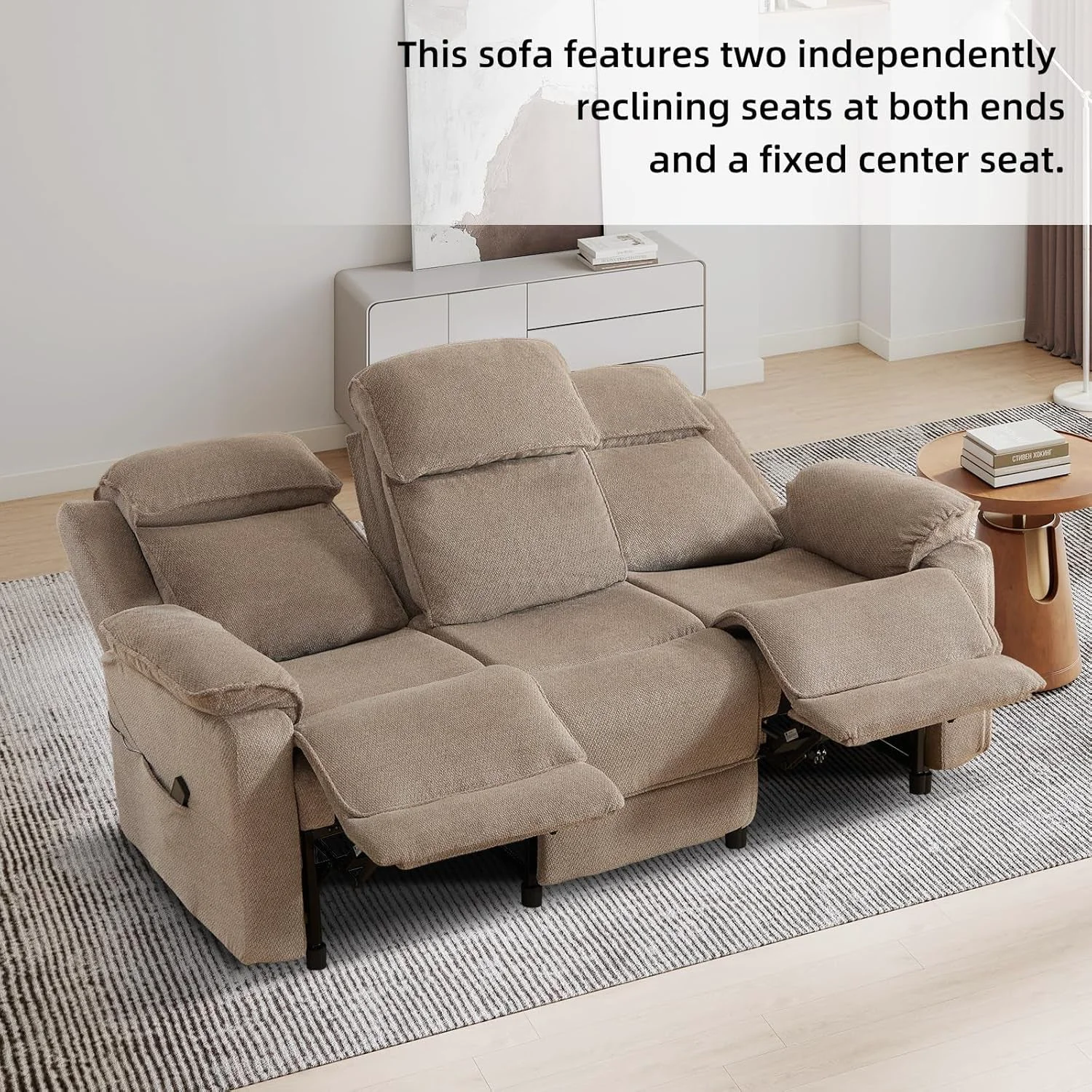 Powerful Power Reclining Khaki Sofa For Modern Living Room Spaces Detailed