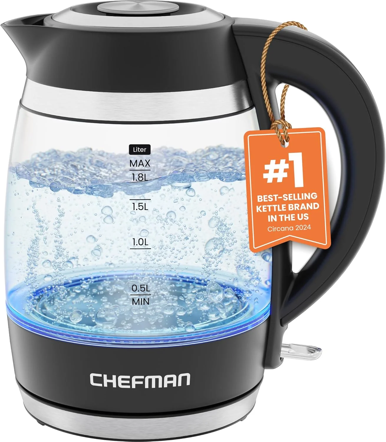 Genuine Chefman Electric Kettle 1.8L 1500W Hot Water Boiler Removable Lid for Easy Cleaning Auto Shut Off Boil-Dry Protection Stainless Steel Filter Premium