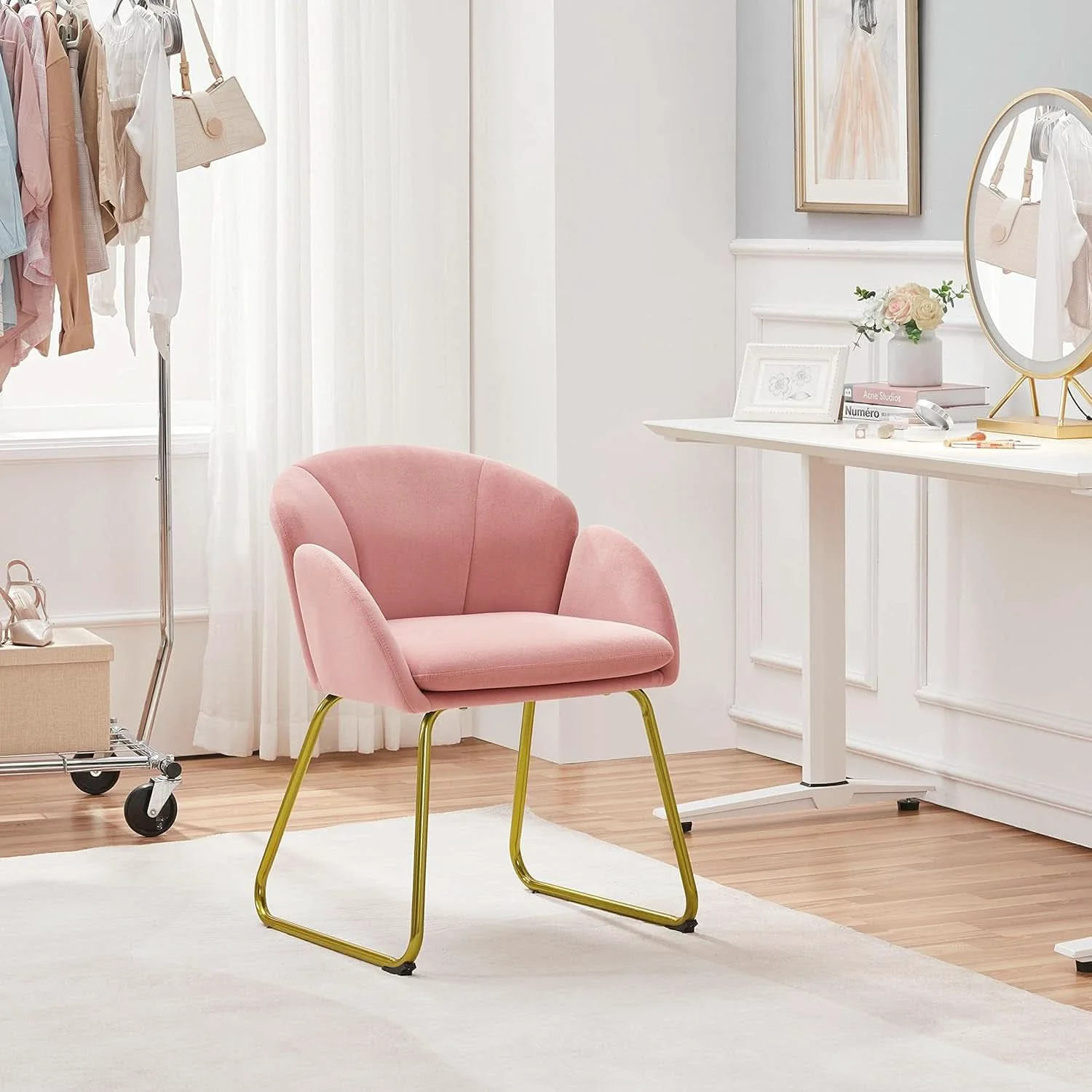 Soft Pink Velvet Flower Armchair With Gold Legs Living Room Premium Material