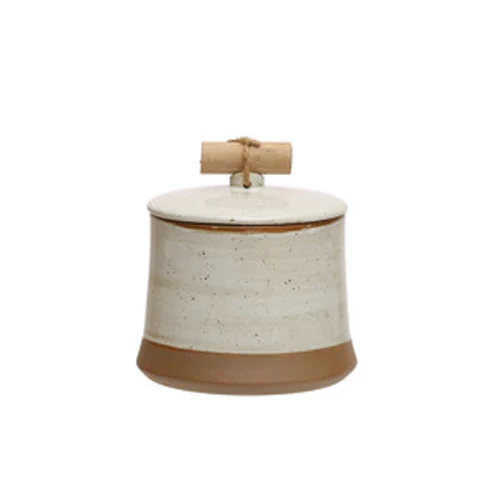 Sustainable Stoneware Canister w Pine Wood Jute Handle – Beige Quality