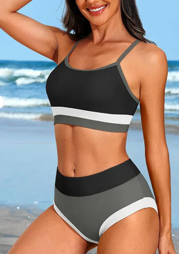 Comfortable Beach Bungalow Women’s Sporty Color Block High Waisted Two-Piece Swimsuit Sold by Piece Smooth