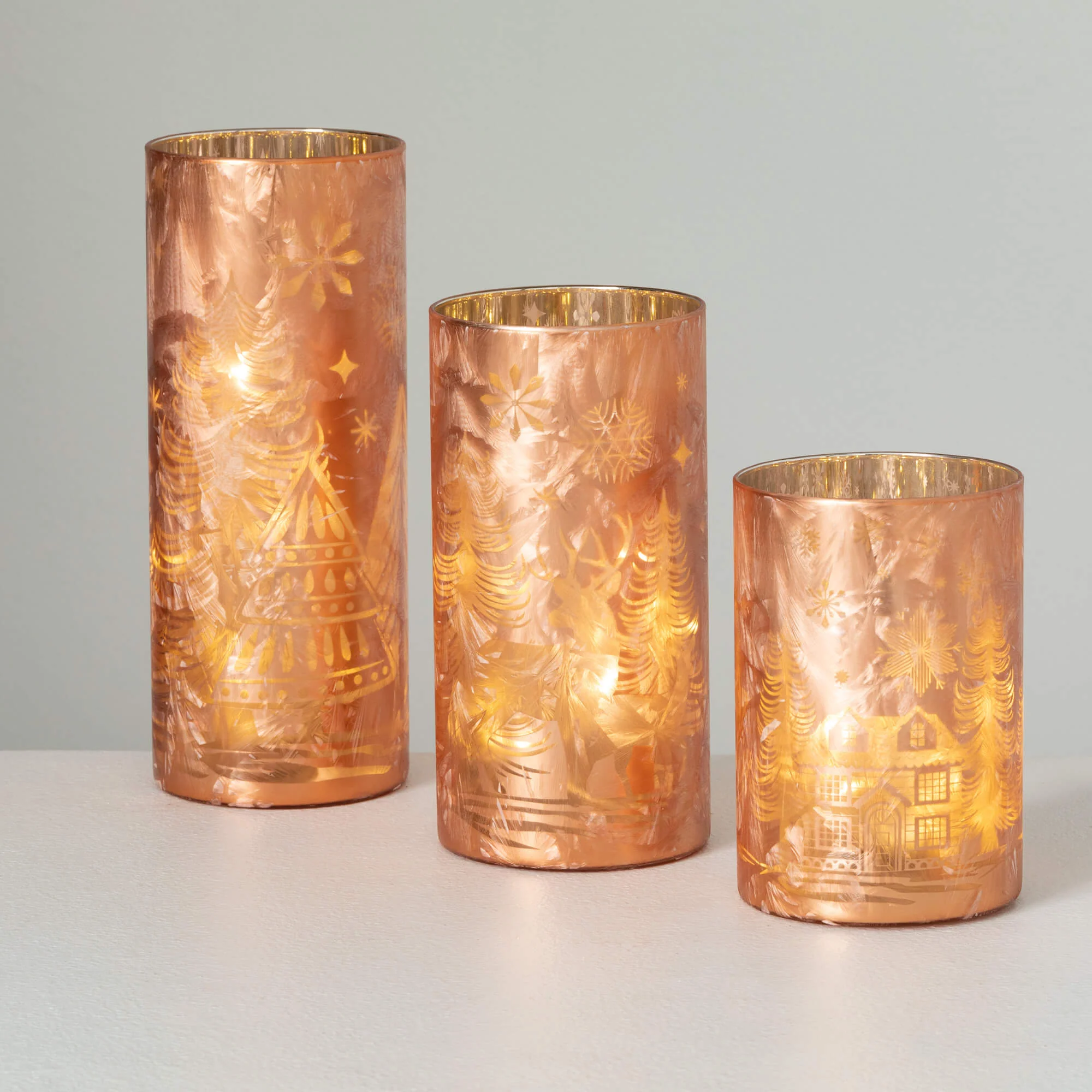 Innovative Frosted Gold Cylinder Lighted with Village Scene Sustainable