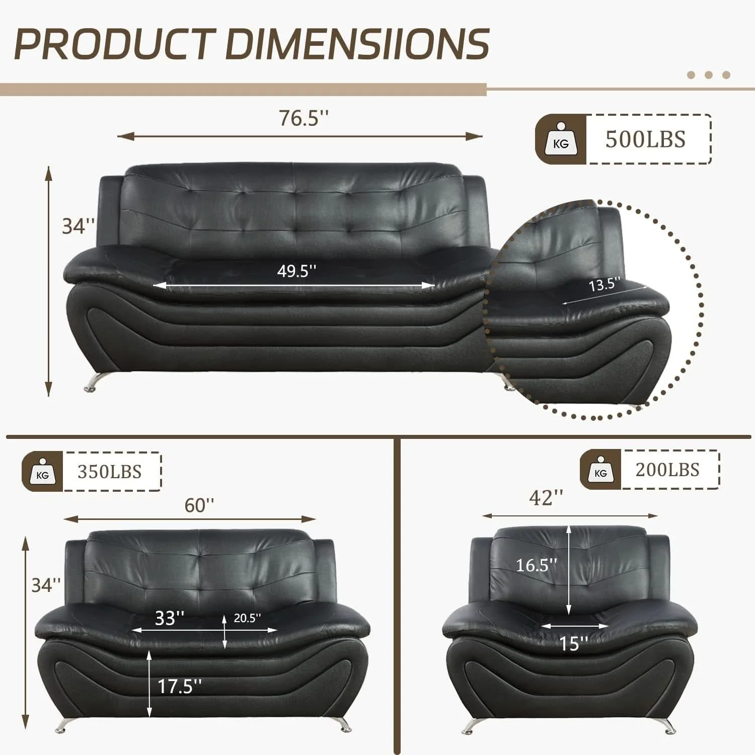 Recyclable 3 Piece Faux Leather Sofa Set For Living Room Black 3 Seater Sofa Love Genuine