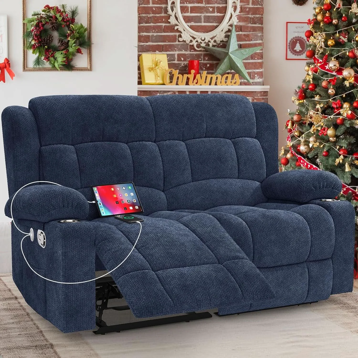 Consistent Blue Fabric Reclining Loveseat With USB Ports For Living Room Luxury