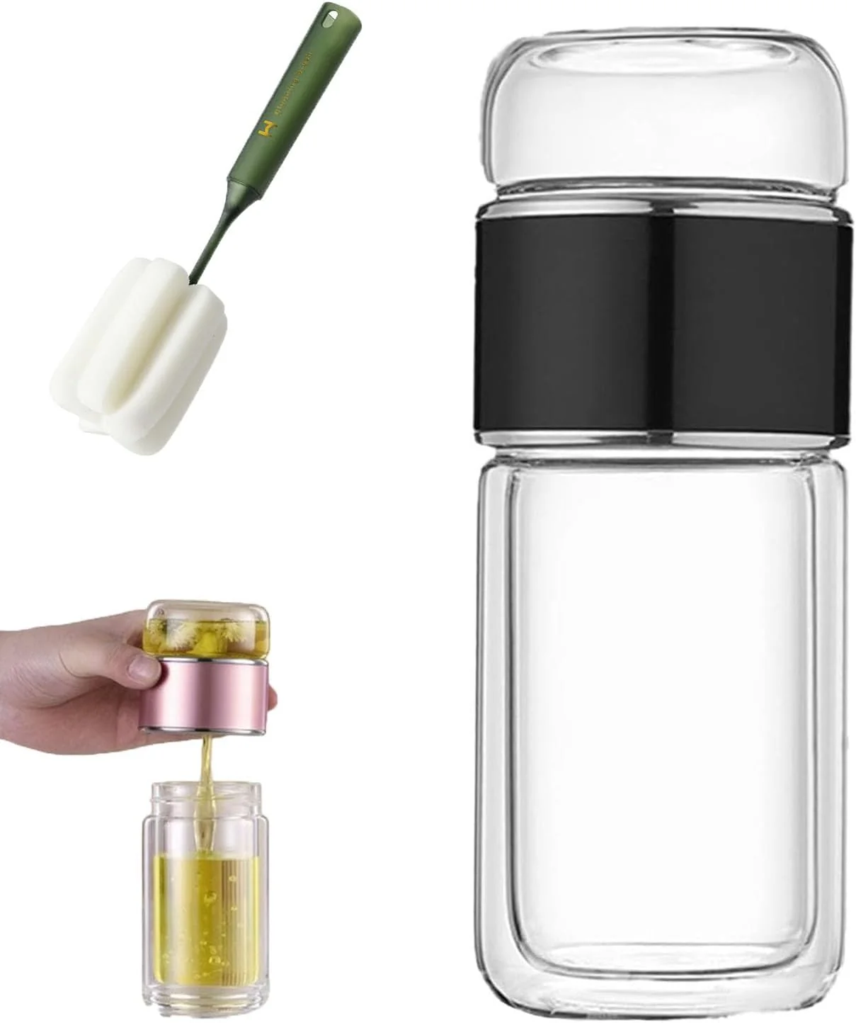 Refined 2025 New Glass Infuser 3-In-1 Smart Tea Infuser with Cup Brush Double-Layer Borosilicate Glass Tea infusers Separation Cup Black 280ml 9.5oz Proven
