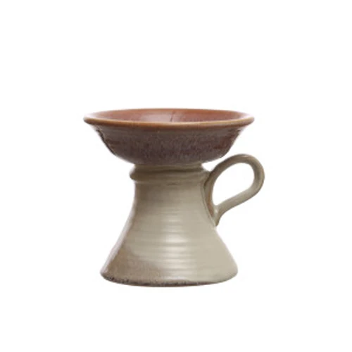 Comfortable Stoneware Pillar Holder w Handle – Reactive Glaze Durable