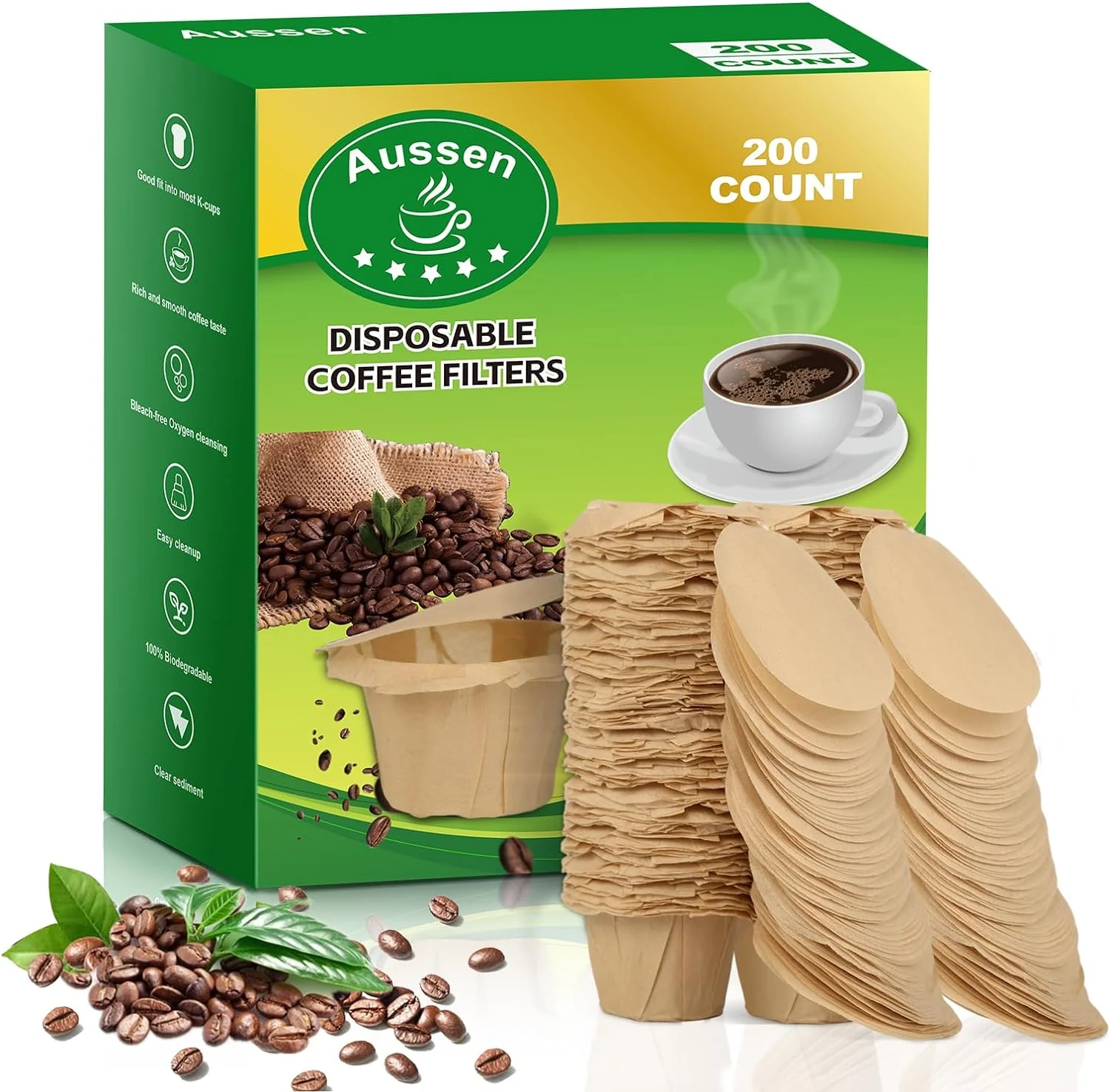 Consistent Aussen Disposable Coffee Paper Filters Fits All Reusable K-Cup Coffee Pods Kerig Filter Works with Keurg Brewers Reusable Single Serve 1.0 amp 2.0 Tear Resistant Natural with Lid 200 Ct Durable