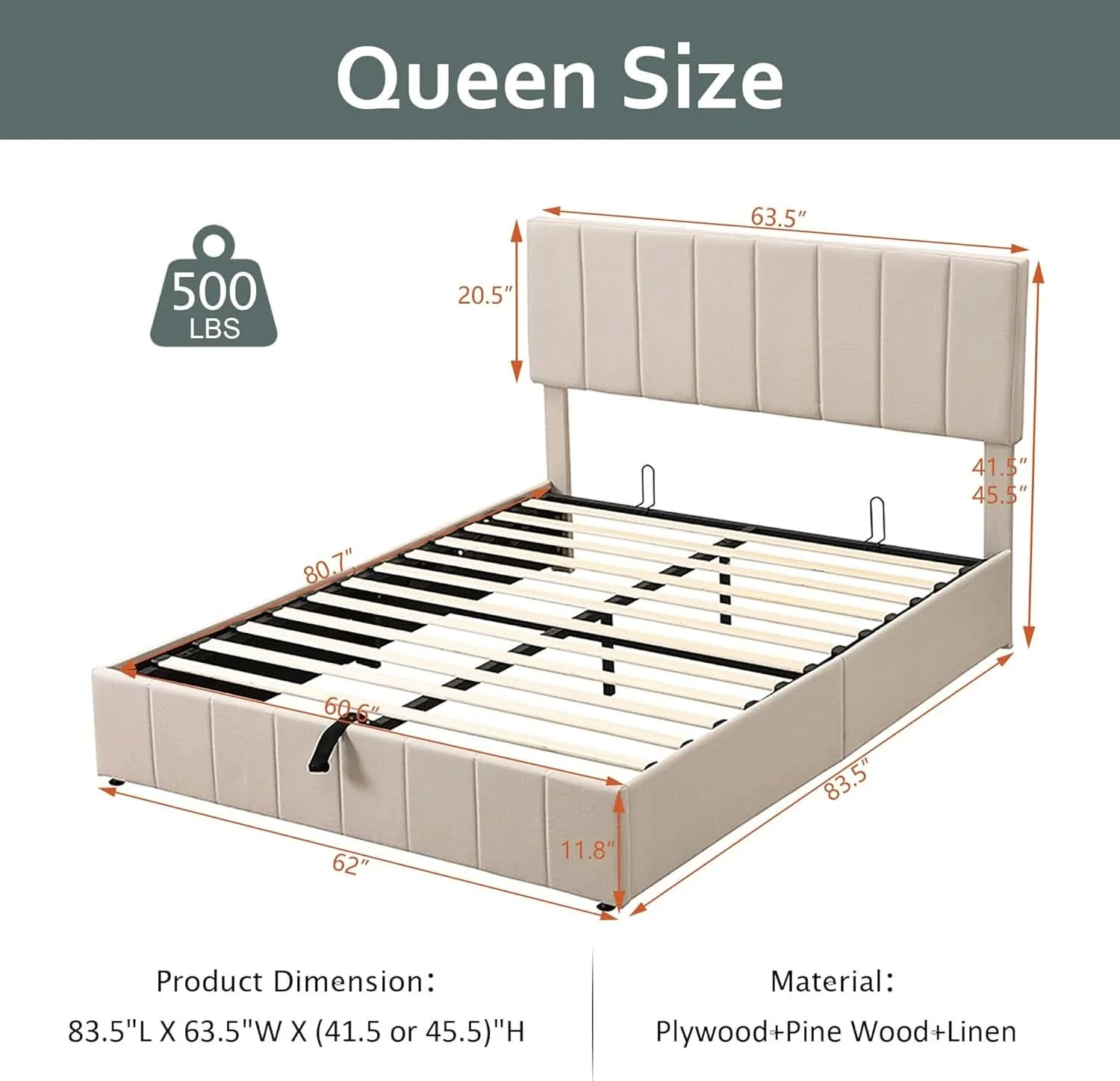 Breathable Gas Lift Storage Platform Bedframe Queen Upholstered Carefully Designed