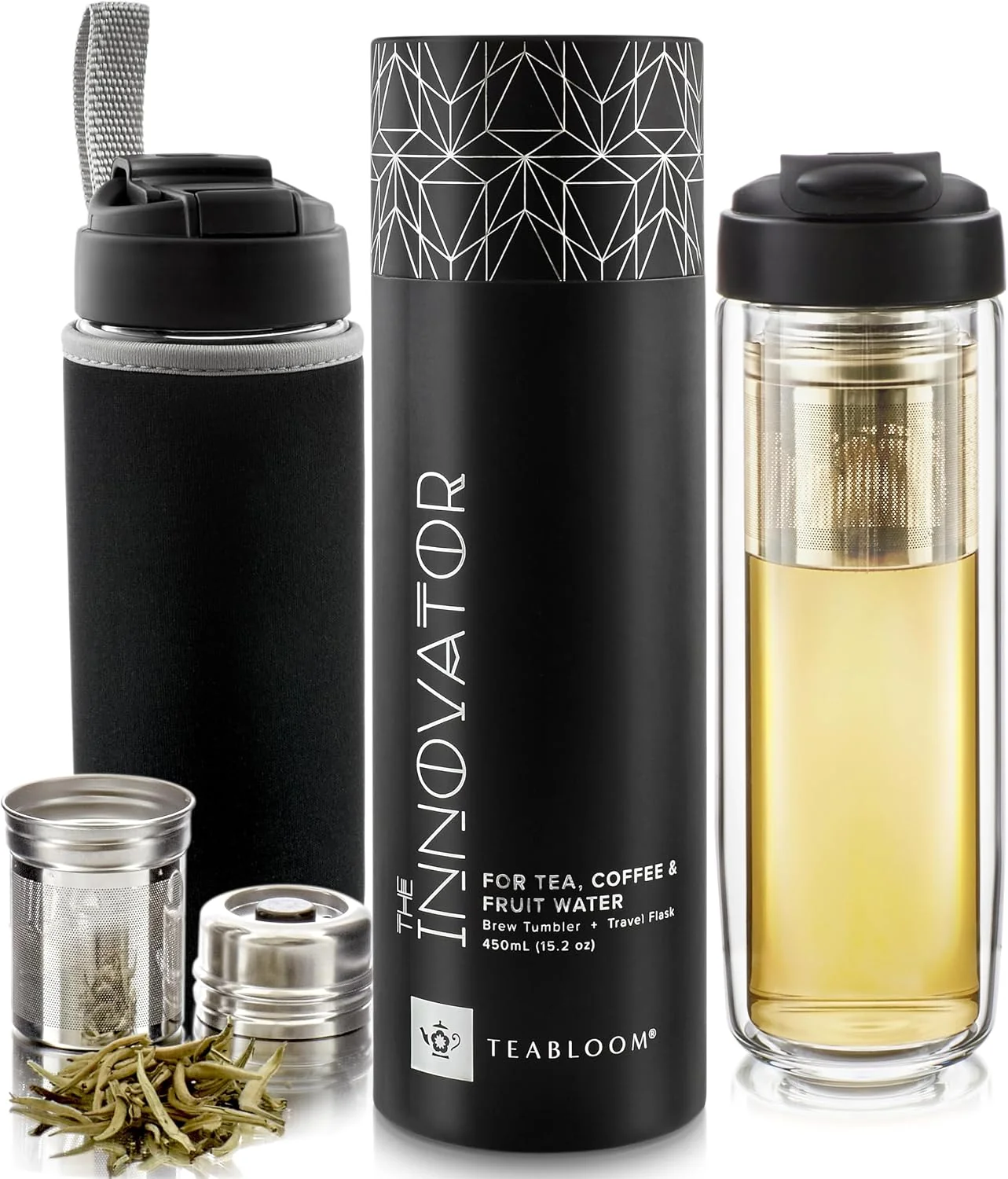 Modern Teabloom Travel Tea Infusing Cup – Insulated Borosilicate Glass Bottle with Magnetic Controlled Infuser and Flip Lid for Hot Tea Cold-brew Coffee Fruit Water – The Innovator Tumbler 15oz 450ml Casual